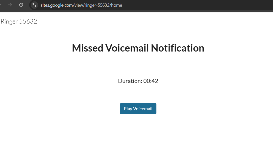 Google Sites first-stage voicemail lure at sites.google.com/view/ringer-55632/home; the first visible click was a Google-hosted wrapper, not the final Kali365 lure