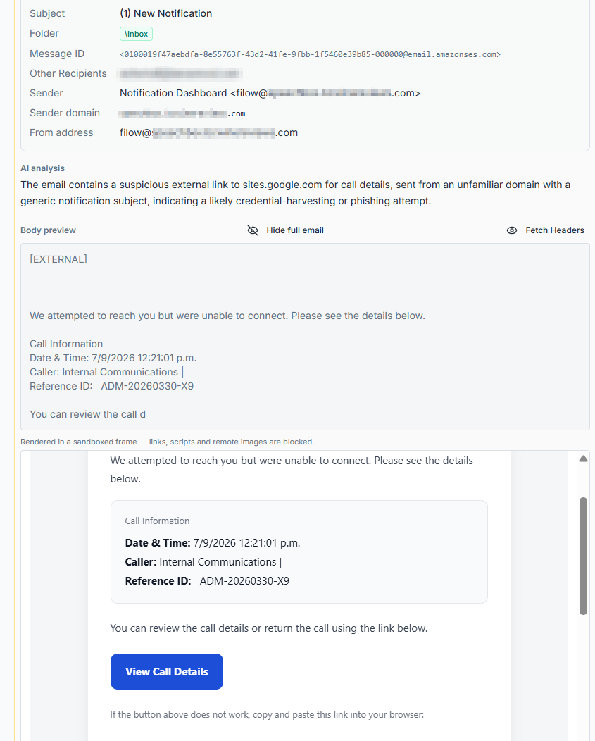 Original phishing email in the ZeroBEC investigation view: a missed-call business pretext with a View Call Details button