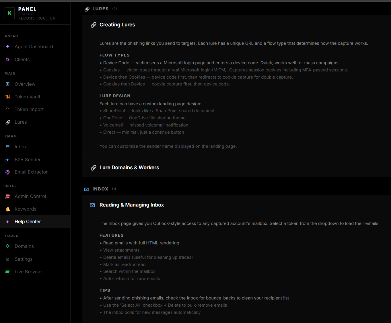 Static reconstruction of the exposed Kali365 panel navigation and Help Center content based on the recovered JavaScript bundle; safe visual reconstruction, not a live panel