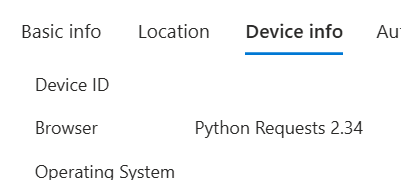 Device information showing Python Requests 2.34 in authentication telemetry, consistent with automated backend interaction rather than a real browser session