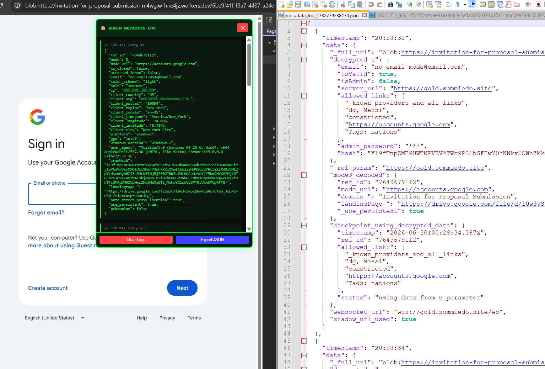 Hidden ADMIN METADATA LOG panel revealed by a secret key combination inside the blob-hosted Google sign-in page, showing campaign id, mode, server URL, WebSocket URL, shadow_url_used flag, and victim environment fields; personal IP and location fields redacted