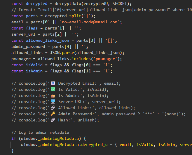 Decompiled Nyasher JavaScript showing the commented-out emoji-labeled console.log calls for Decrypted Email, Is Valid, Is Admin, Server URL, Allowed Links, Admin Password, and Hash, each with a distinct emoji icon characteristic of AI-assisted code generation