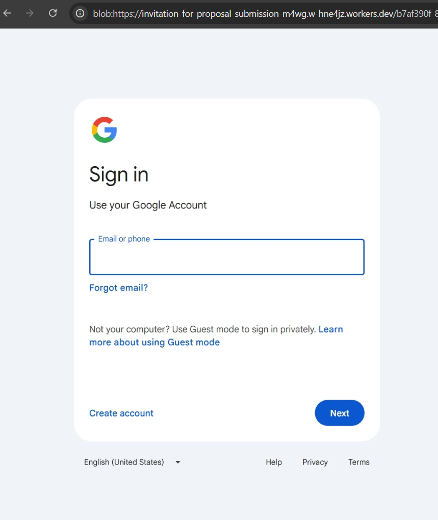 Final Google sign-in interface rendered inside a blob URL whose creator origin is the Workers domain; the address bar shows the blob: scheme followed by the Workers host