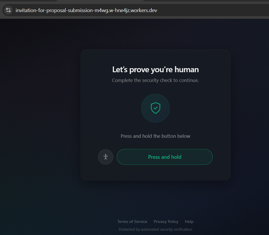 Custom press-and-hold human verification gate served from the attacker-controlled Cloudflare Workers stage before the Google sign-in page is rendered