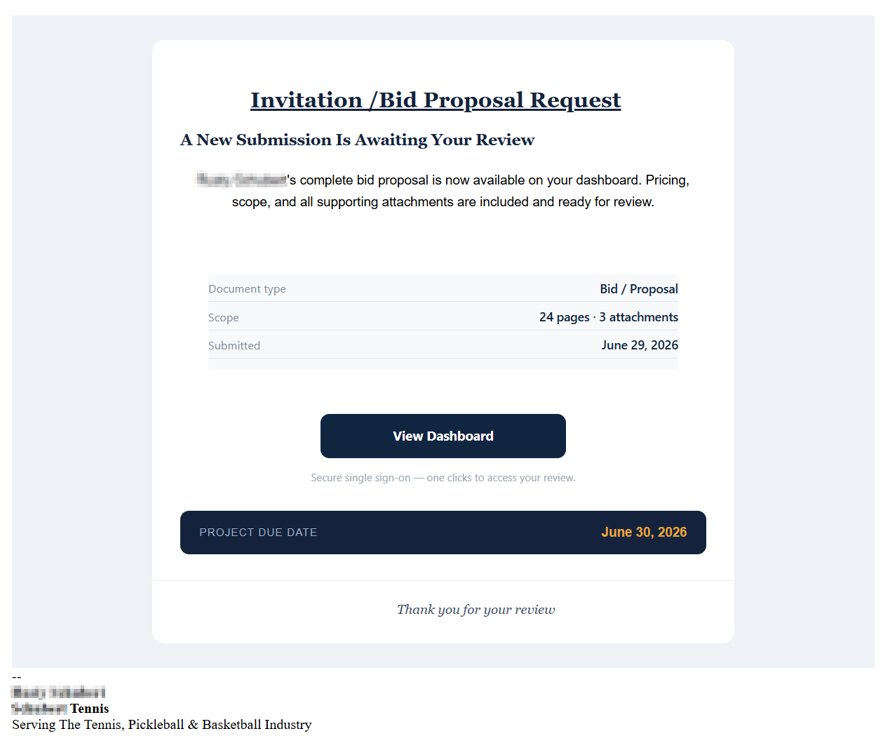 Forwarded Gmail message to the property-business recipient containing an inner bid/proposal lure with an Executive Review Requested subject and a View Dashboard button; personal identifiers blurred