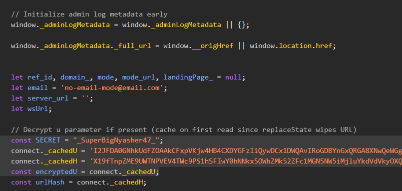 Current campaign JavaScript open in DevTools showing the hardcoded _SuperBigNyasher47_ key alongside the embedded _cachedU and _cachedH configuration values used to drive the runtime