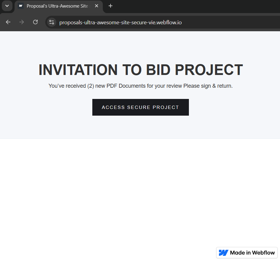 First-stage Webflow page presenting an Invitation for Proposal Submission with two PDF documents and an Access Secure Project button; visible Webflow badge confirms Webflow hosting