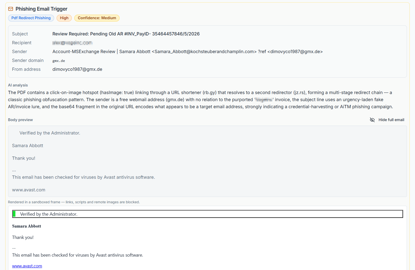 ZeroBEC alert view showing the PDF redirect phishing detection with metadata and AI analysis