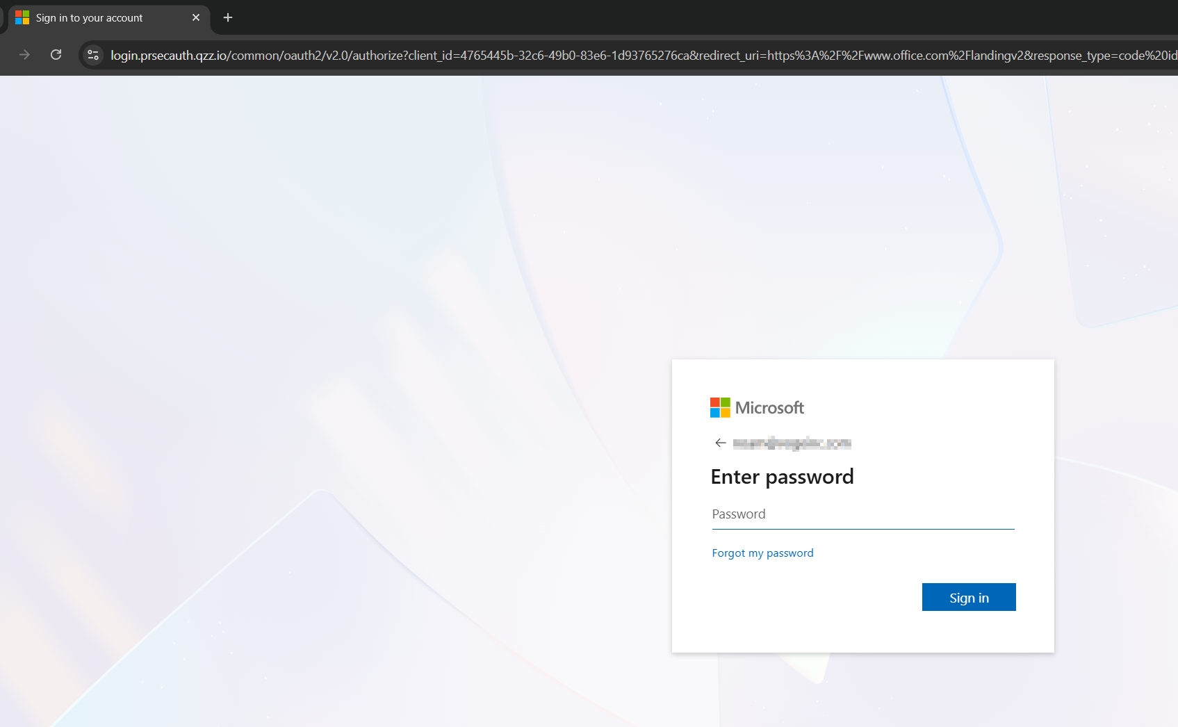 Microsoft-style 'Enter password' prompt rendered inside a browser that shows a non-Microsoft URL bar