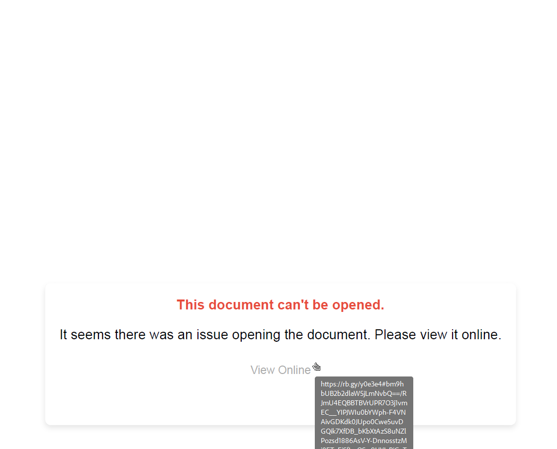A one-page PDF lure with a document-access error and a 'View Online' action that drives the user into the redirect chain