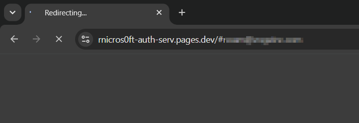 A Microsoft-lookalike Cloudflare Pages intermediate host shown in the browser address bar