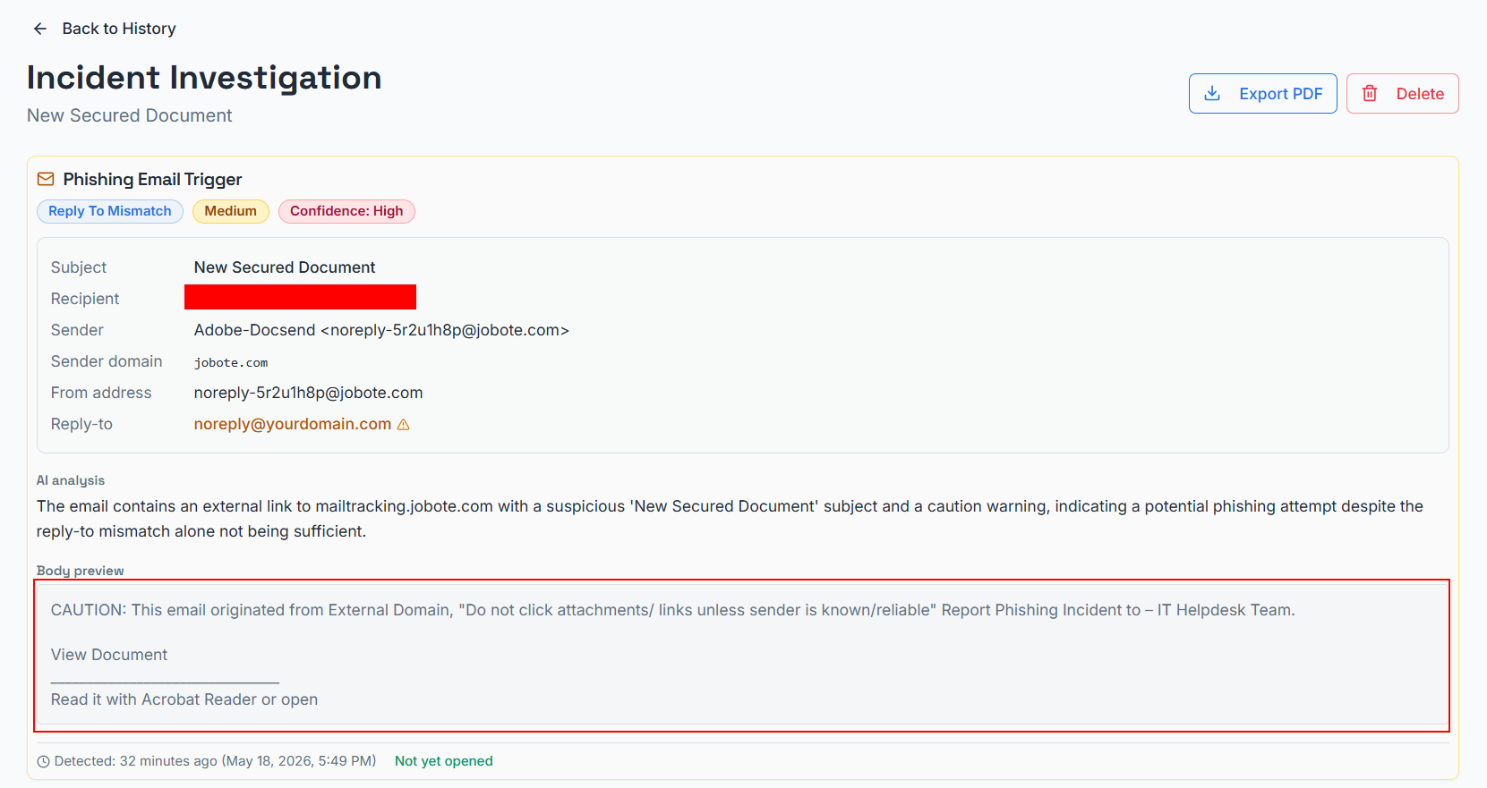 Phishing email as displayed in the ZeroBEC platform