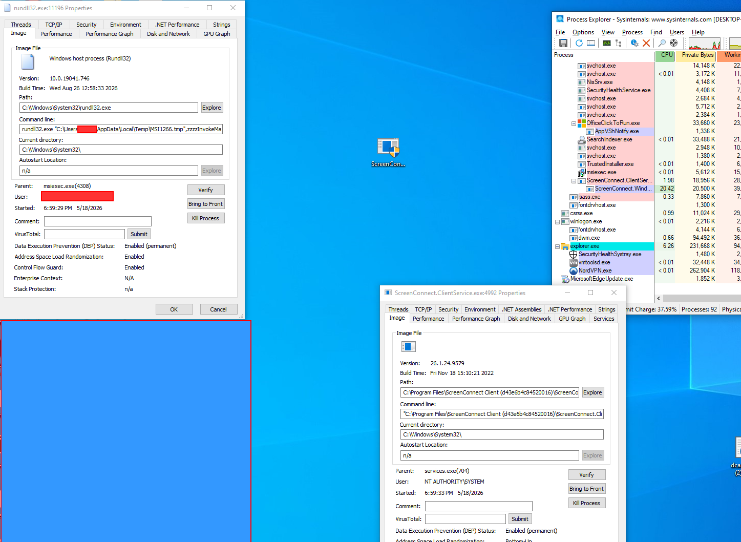 ScreenConnect session established on the victim endpoint