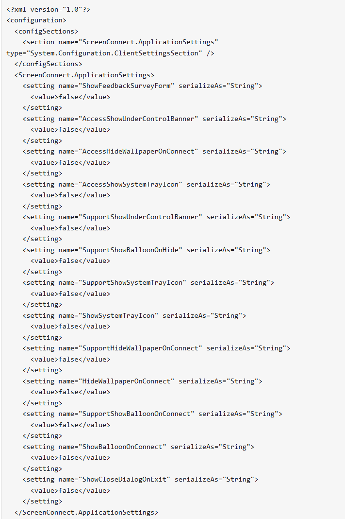 Second-stage ScreenConnect client config: every visibility setting disabled