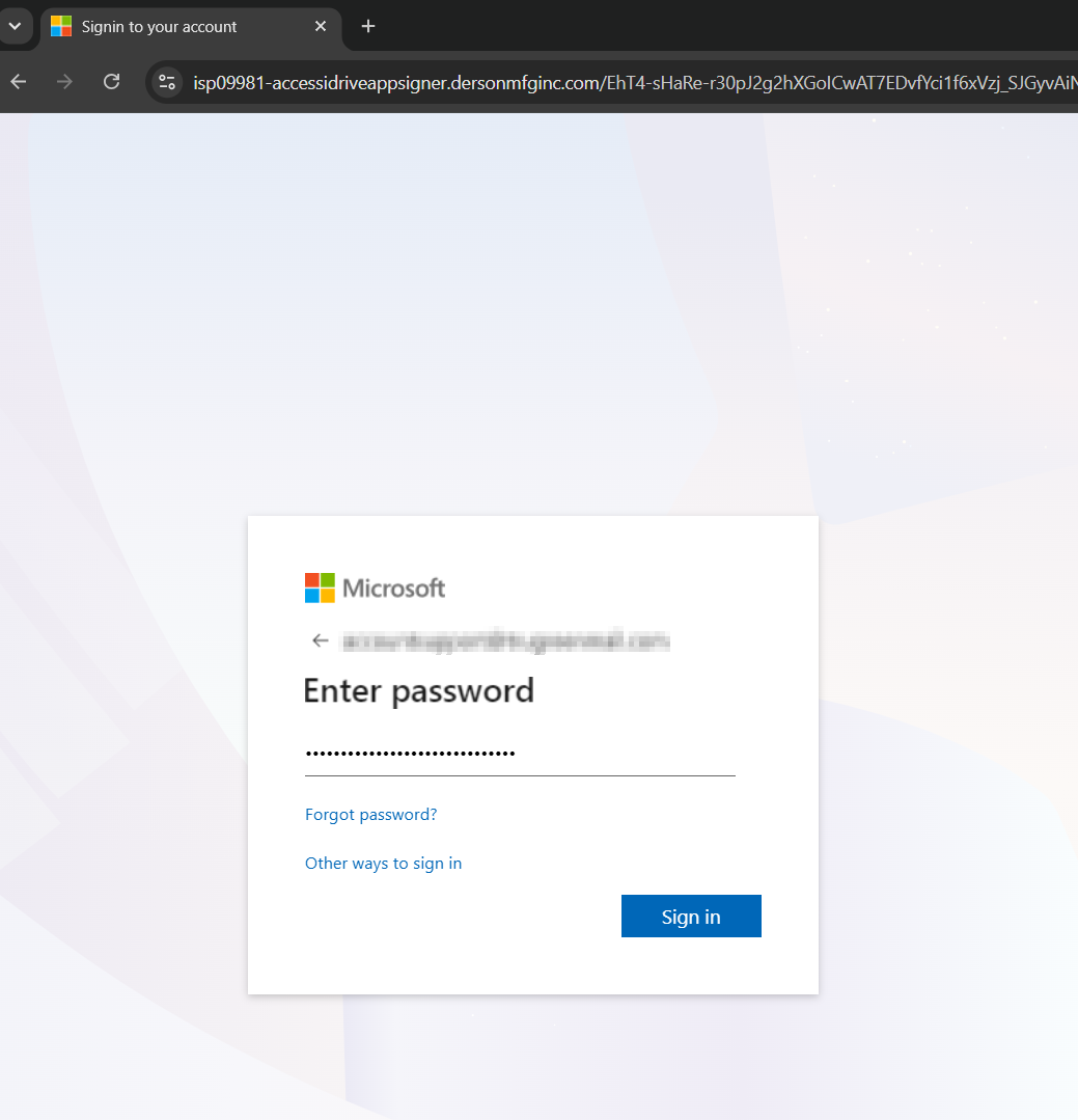 Chrome window on the final phishing host showing the Microsoft-styled Enter password page with a masked password value already entered, taken during the controlled test that produced the Entra ID replay attempts described in the table below