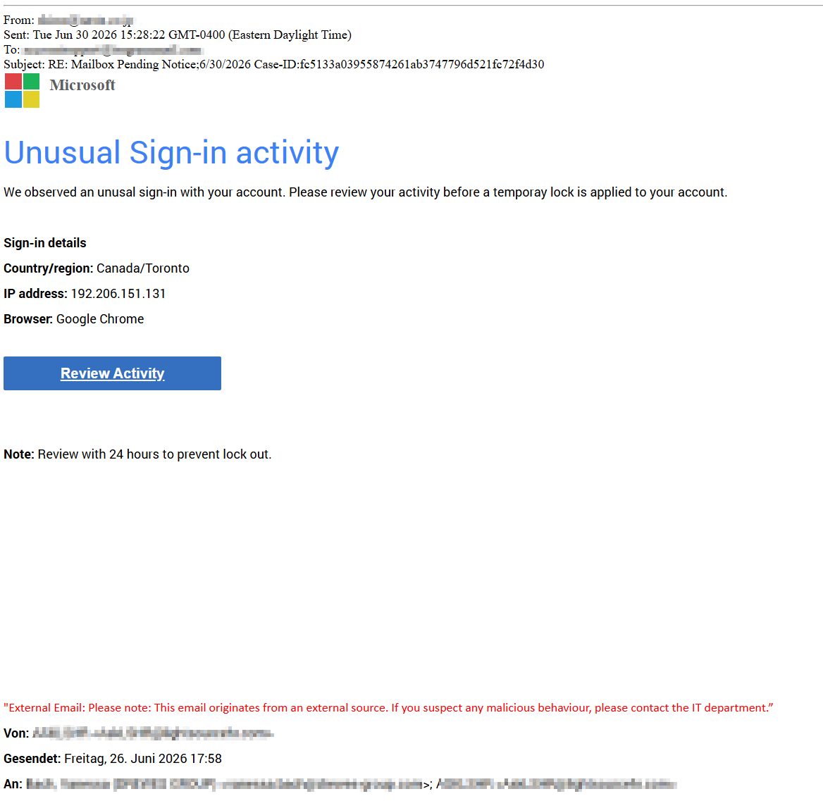 Microsoft Unusual Sign-in activity phishing email showing sign-in details for Canada/Toronto, IP 192.206.151.131, and a Google Chrome browser, with a Review Activity CTA button and a foreign-language business thread chain quoted below to camouflage the message as a forwarded operational discussion