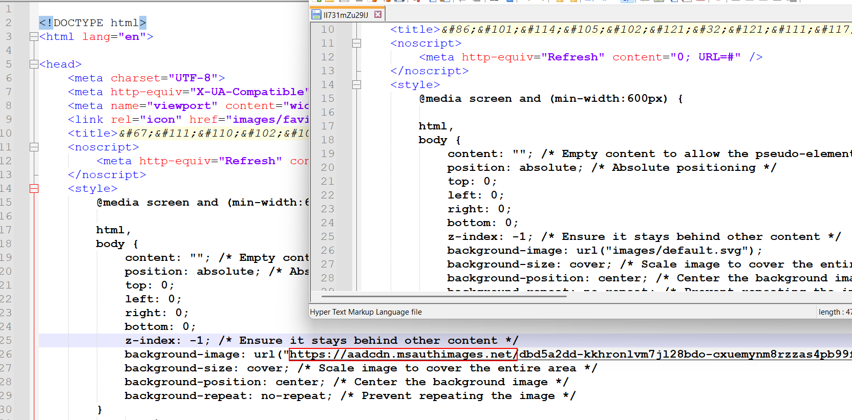 HTML source snapshot of the phishing page showing an inline background-image style whose URL points to https://aadcdn.msauthimages.net, confirming tenant-branding retrieval from Microsoft AAD CDN infrastructure at render time