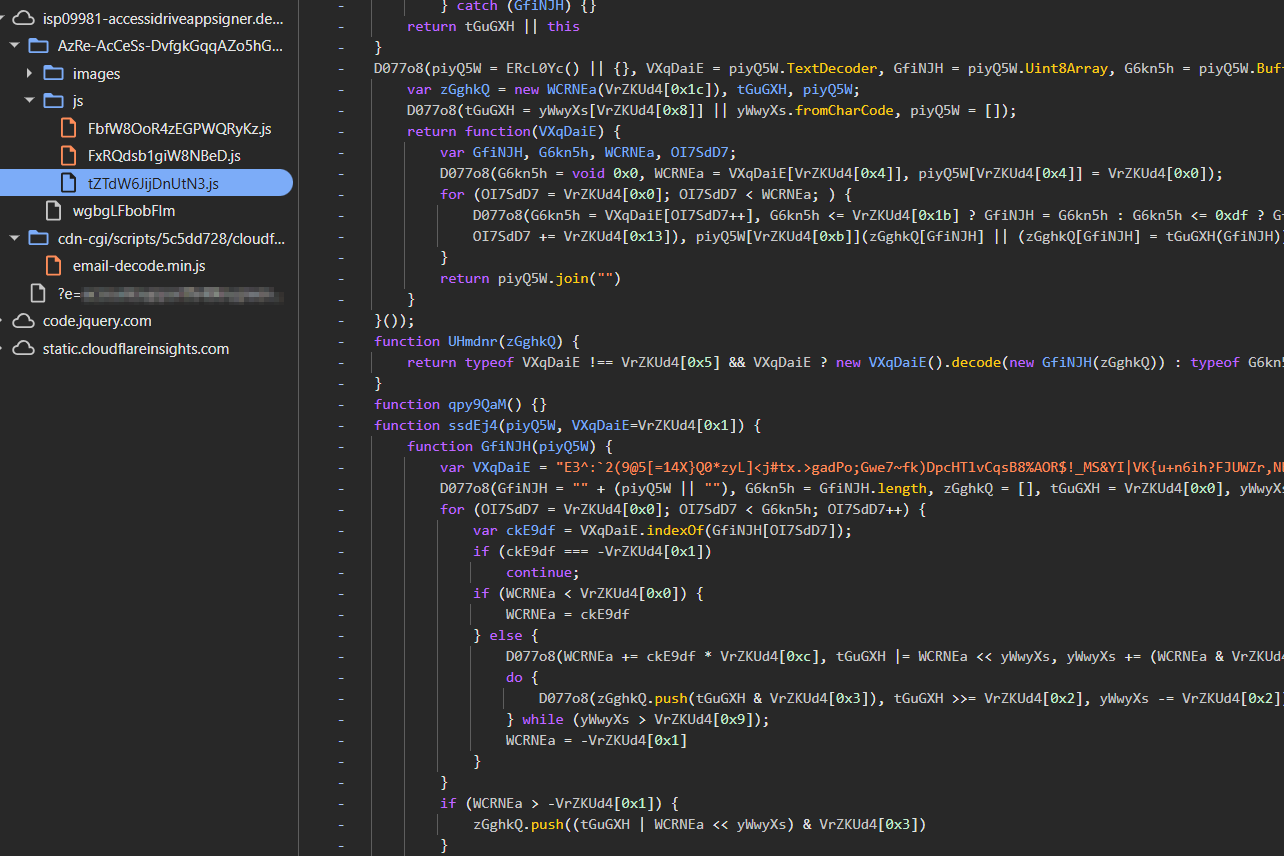 DevTools Sources panel showing multiple regenerated loader filenames under the /js directory on the phishing host, each containing heavily obfuscated JavaScript with escaped-character variable names, illustrating the session-polymorphic wrapper around the stable core modules