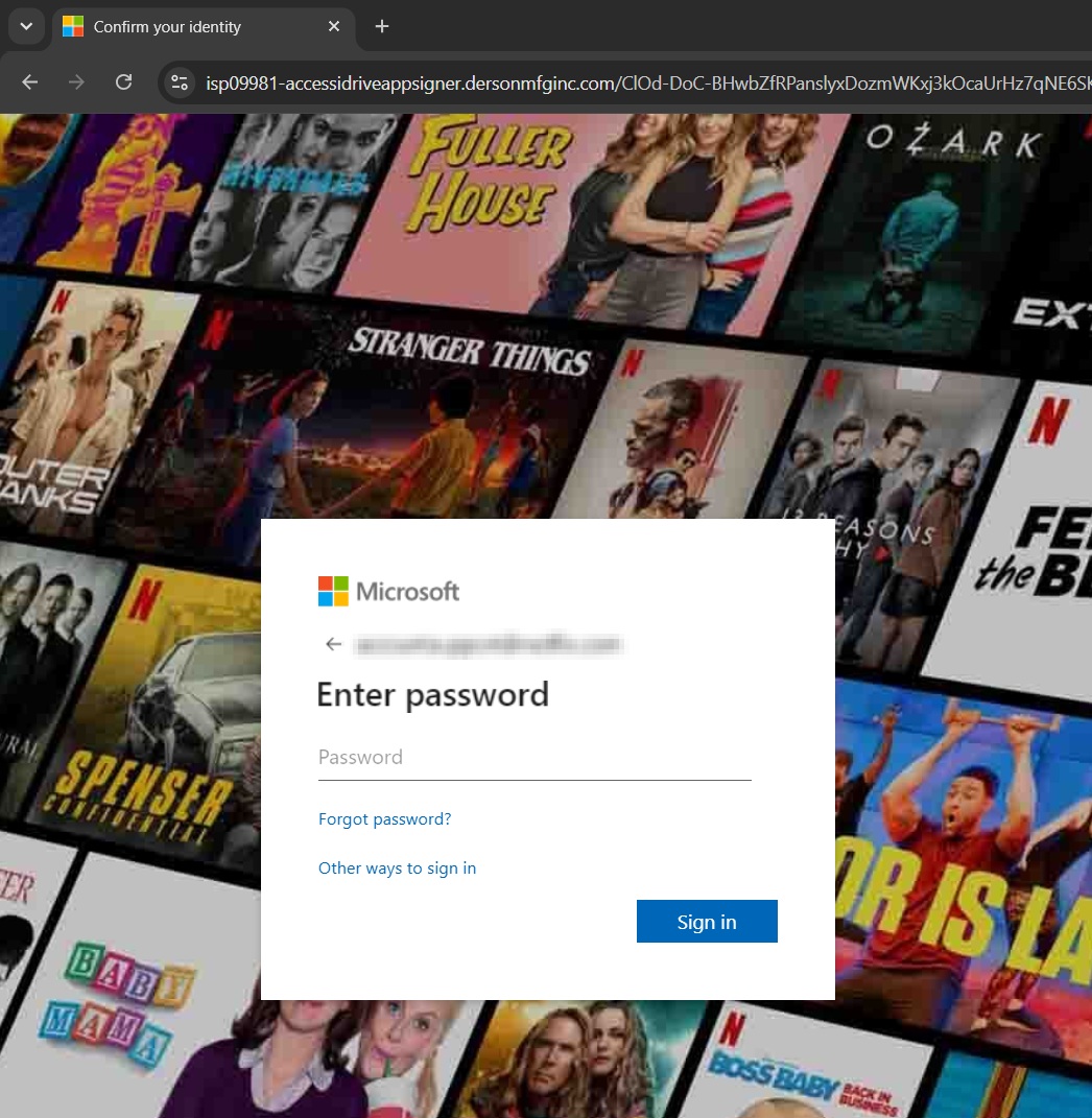 Attacker-controlled Microsoft-styled sign-in page rendered with the branded background of a large synthetic tenant used for testing, demonstrating that the kit performs identity-driven tenant branding retrieval before the password step