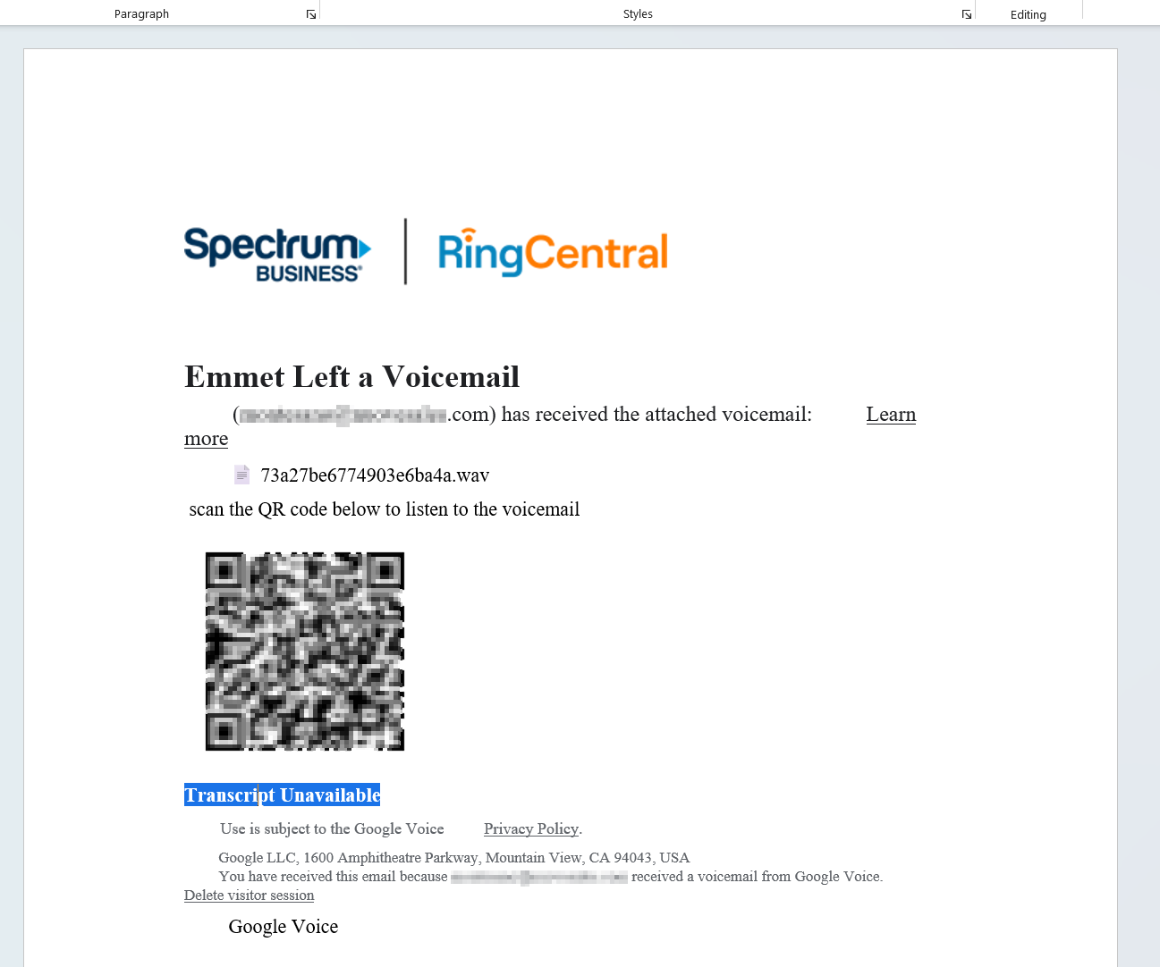 DOCX attachment content with the QR code