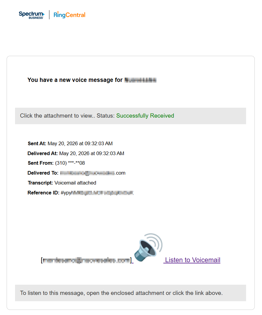 Voicemail phishing email as seen by the recipient